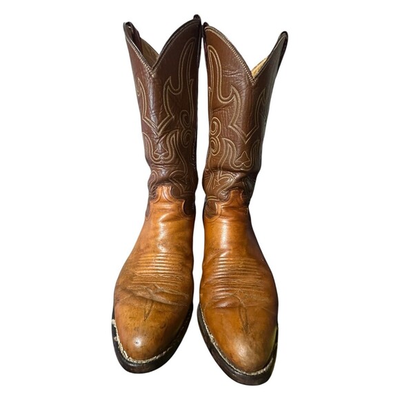 Justin Cowboy Two Tone Brown Leather Mens 10.5 D Boots Western Vibram Style 1847 main image 11